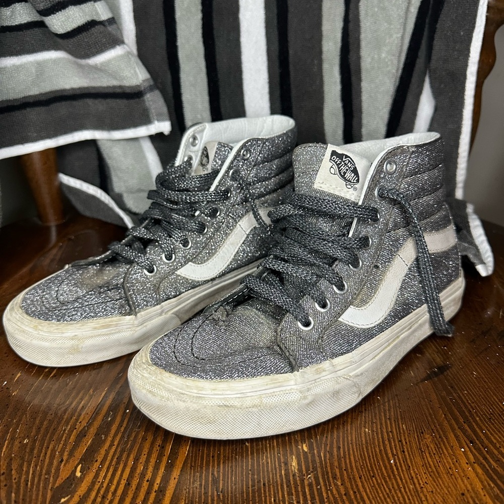 Vans SK8 Reissue Hi Tops Lurex Black Silver Glitter Laceup Womens 8.5 Mens 7